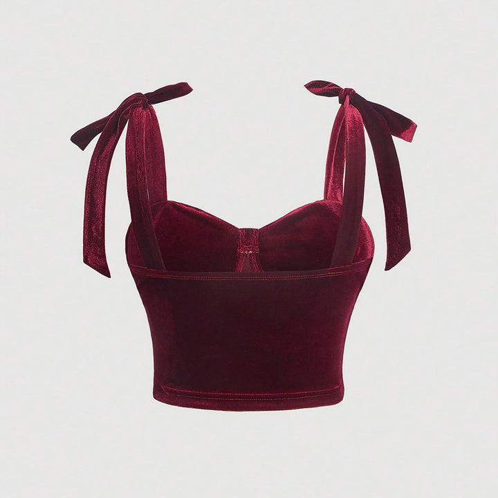 Dame Cropped Top i fløjlsagtigt materiale med dekorativ snørebånd Stilla