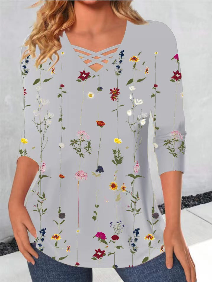 Dame langærmet skjorte med blomsterprint og V-udskæring Stilla