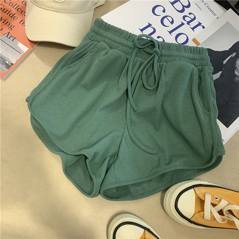 Dame Rib- Højtaljede Lounge-Shorts med Snøre Stilla
