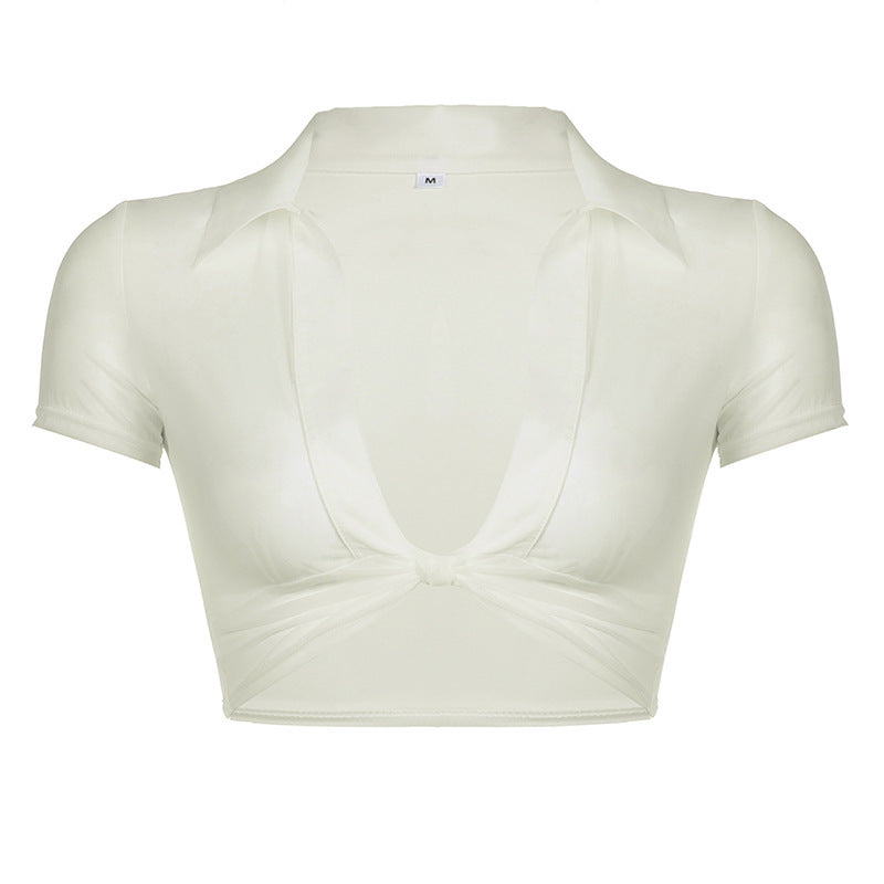 Damer Moderne cropped Bluse med dyb V-hals og legende knude Skovae