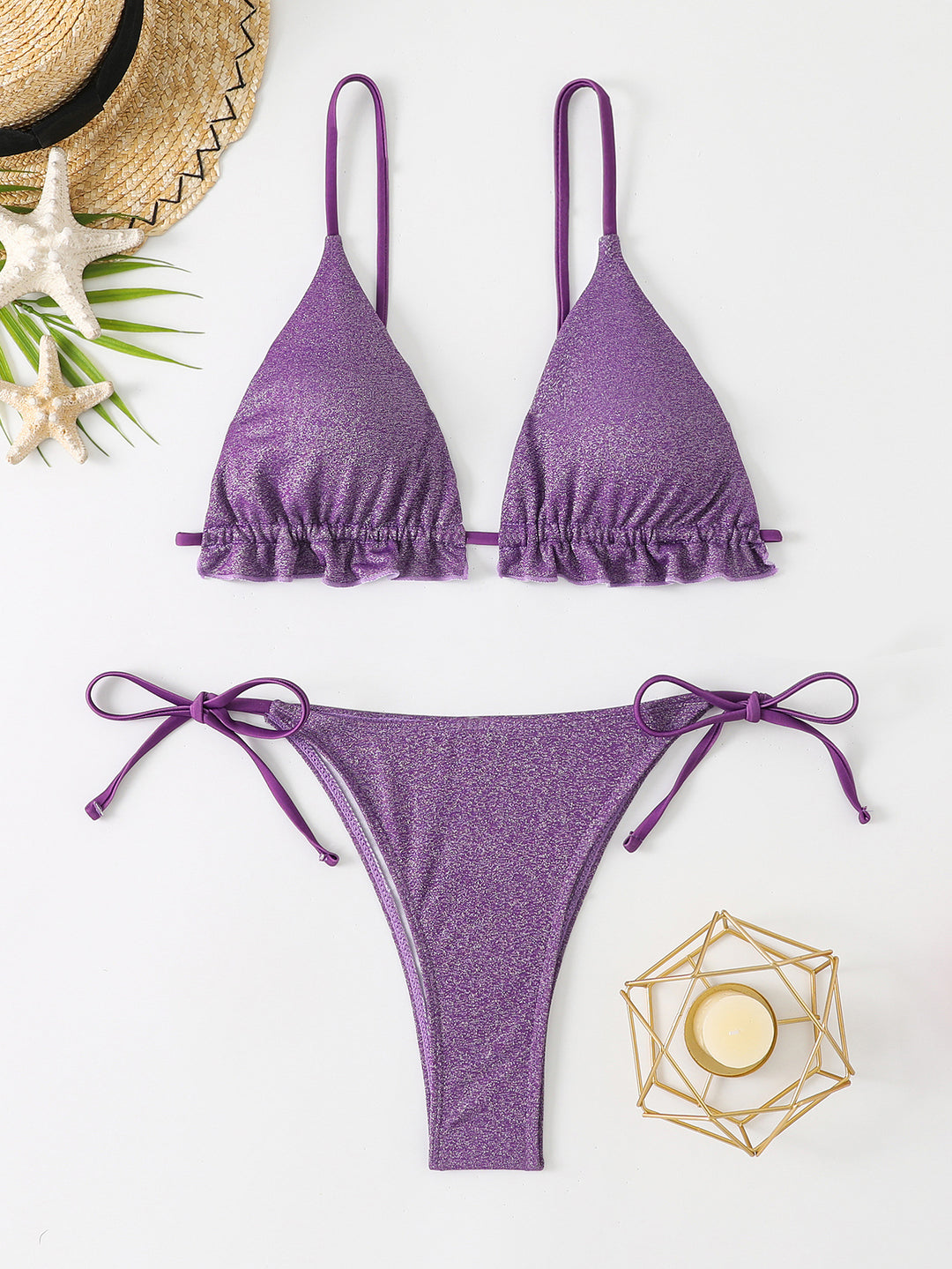 Dame Triangel-Bikini-Sæt med Flæsedetaljer og Glitrende Materiale Stilla