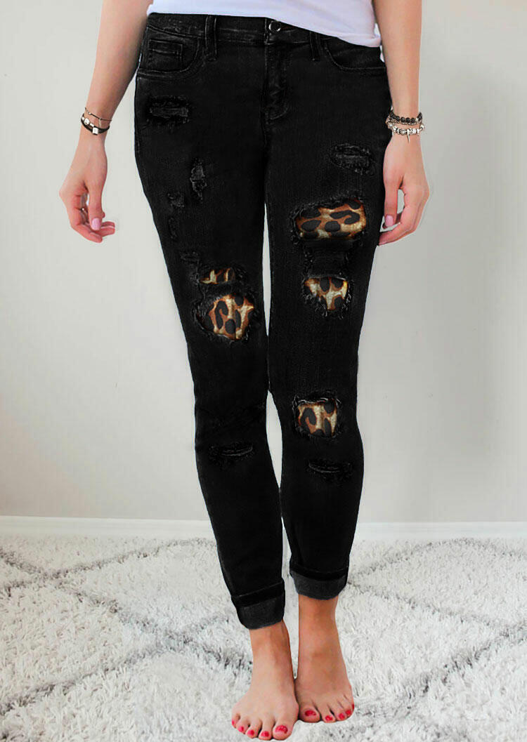Dame Ripped Skinny Jeans med leopardmønster-applikationer og moderigtigt design Stilla