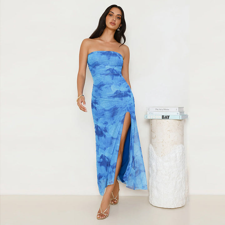 Dame strapless maxikjole med høj slids Stilla