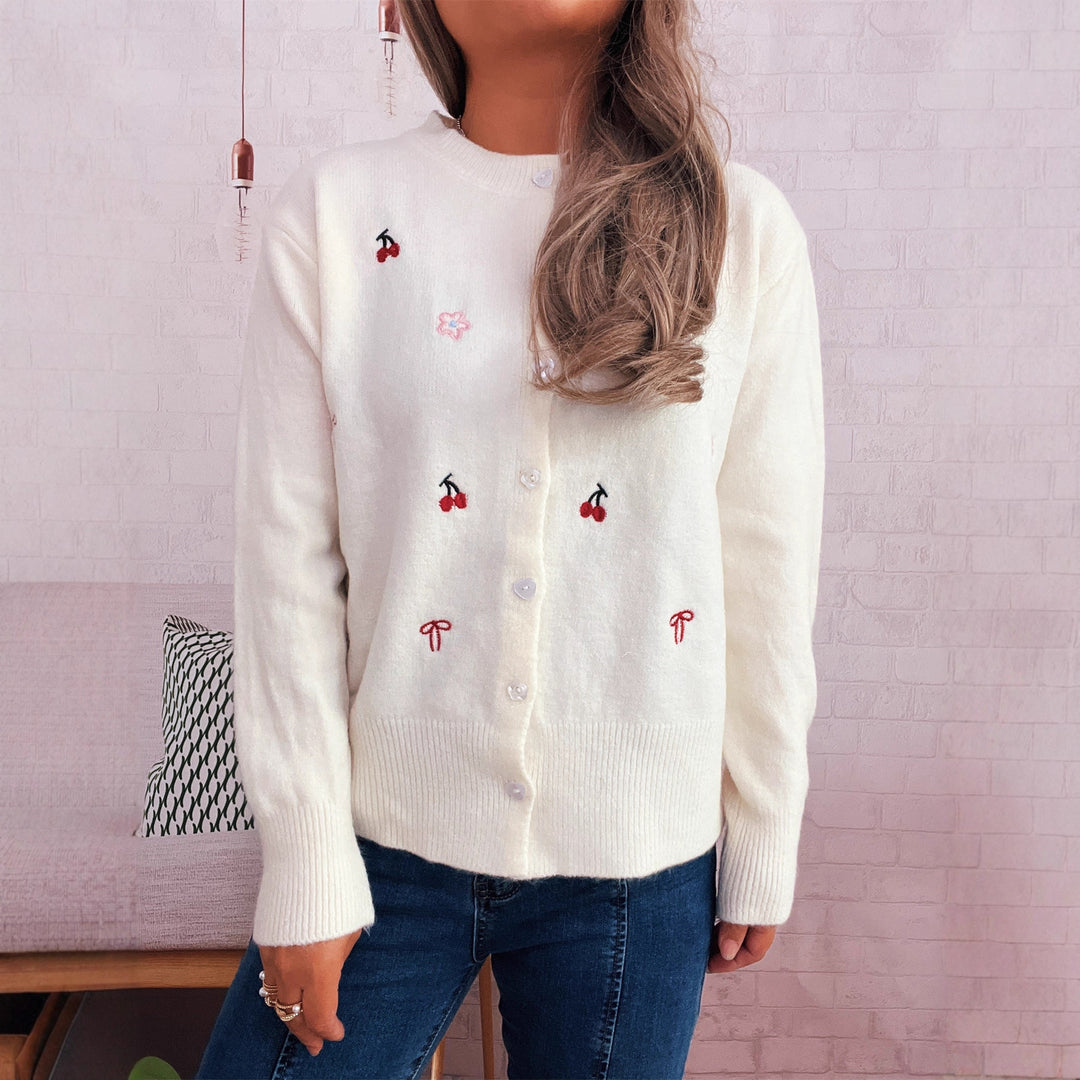 Dame cardigan med farverigt broderi-design og knaplukning Stilla