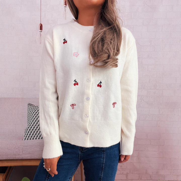 Dame cardigan med farverigt broderi-design og knaplukning Stilla