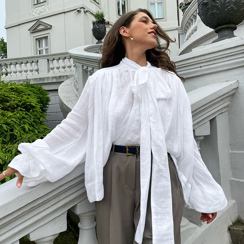 Dame Utility Bluse med elegant sløjfe og bredde ærmer Stilla