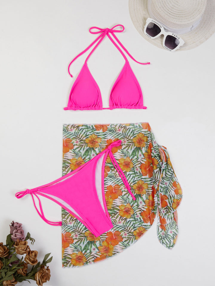 Dame Triangel-Bikini-Sæt med transparent Wrap-skirt og kreative bindebånd Stilla