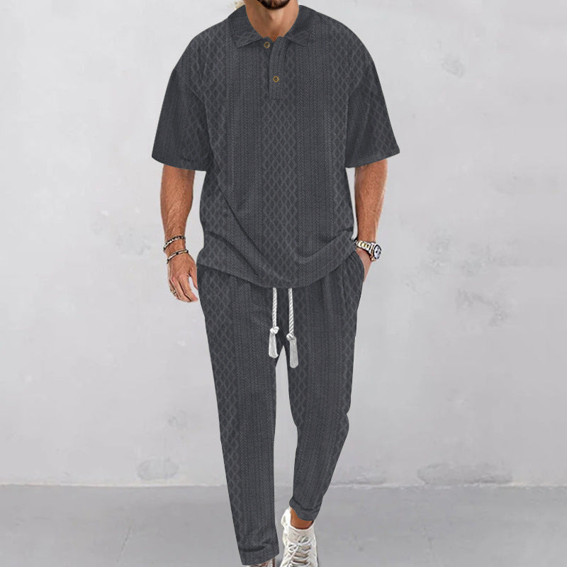 Herrer nan Jacquard-loungewear-sæt med polokrave, snortræk og konisk skåret joggerbukser Skovae