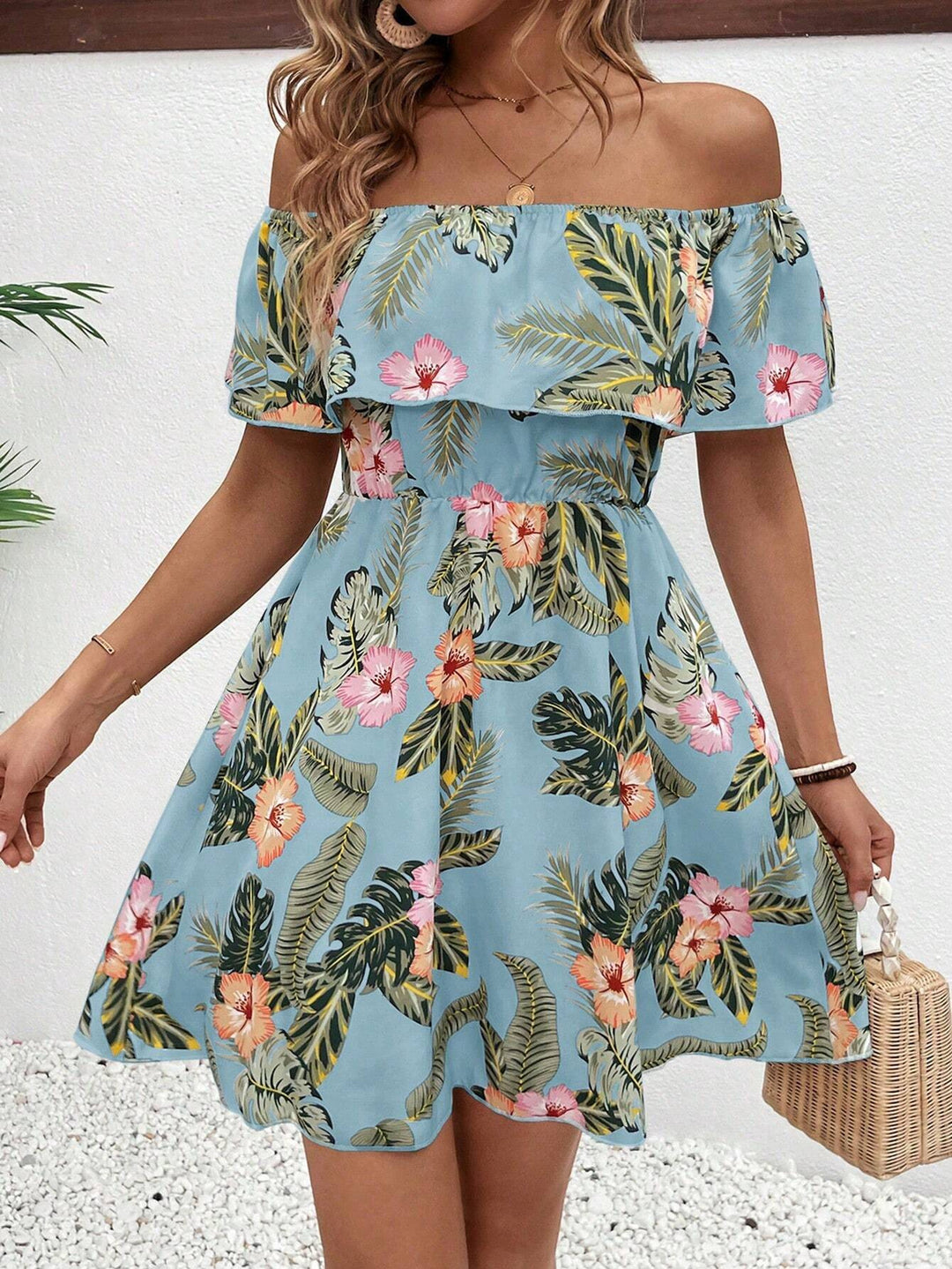 Dame off-shoulder midikjole med volangtop, elastisk talje og udstående A-linje nederdel Skovae