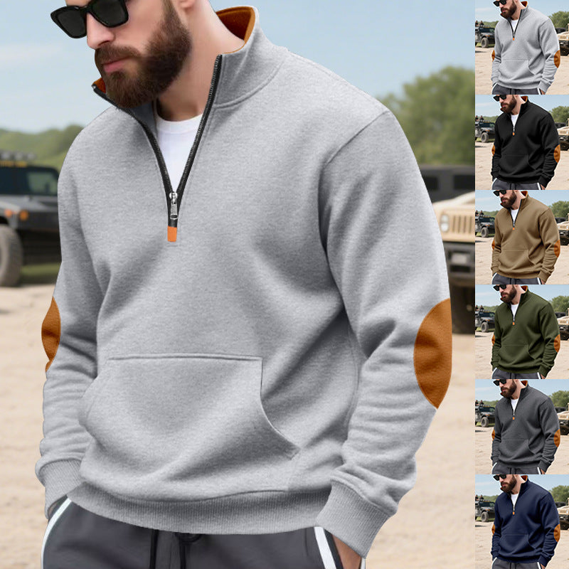 Herren nan isoleret halvzip-pullover med ståkrave fleece-foring kængurulomme og suede albue-patches Skovae