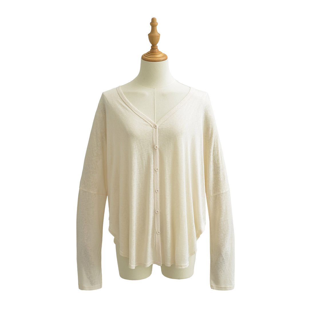 Dame langærmet shirt med elegant V-udskæring og knapbar frontdesign Stilla