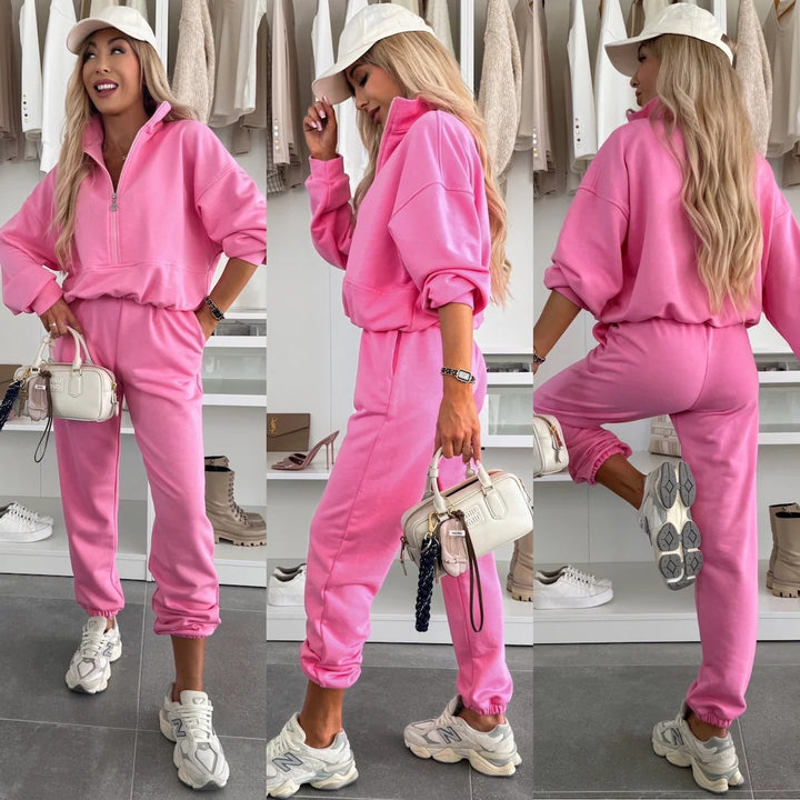 Damer sporty loungewear sæt med modern stå-krave og behagelige lynlås bukser Skovae