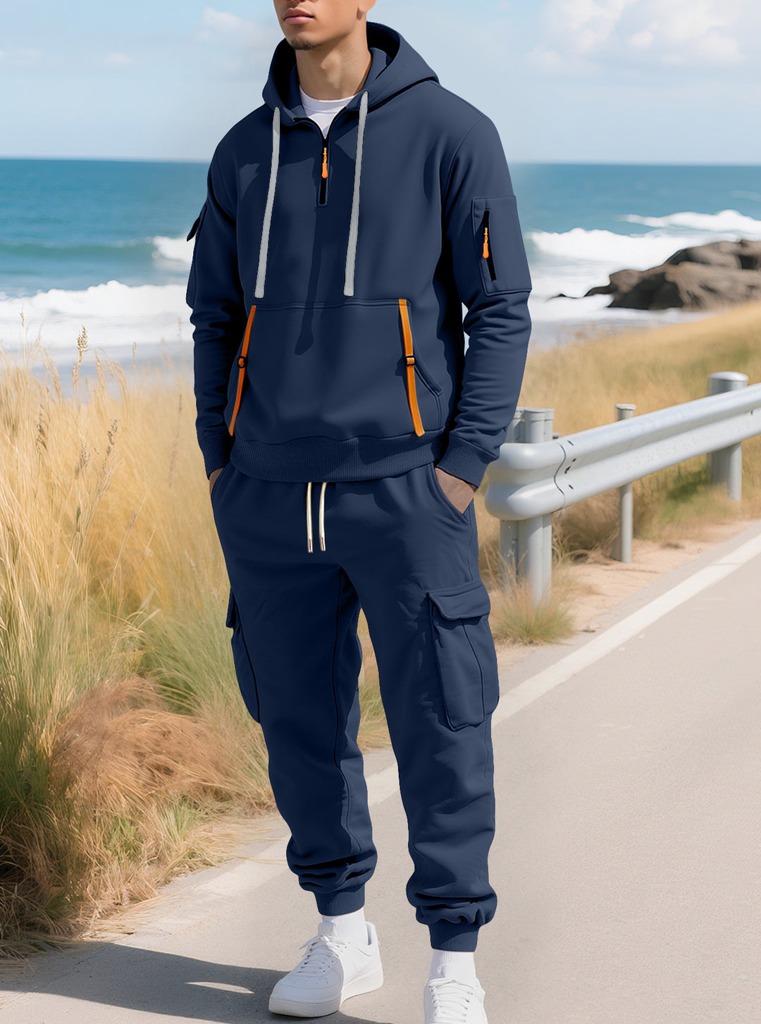 Herre casual halv-zip hoodie med kængurulomme og cargo joggerbuksen med lynlåsdetaljer Skovae