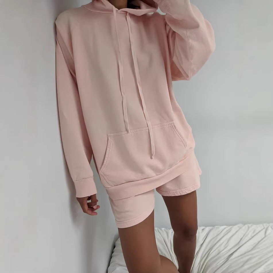 Kvinders afslappede hoodie top og shorts sæt med praktiske lommer