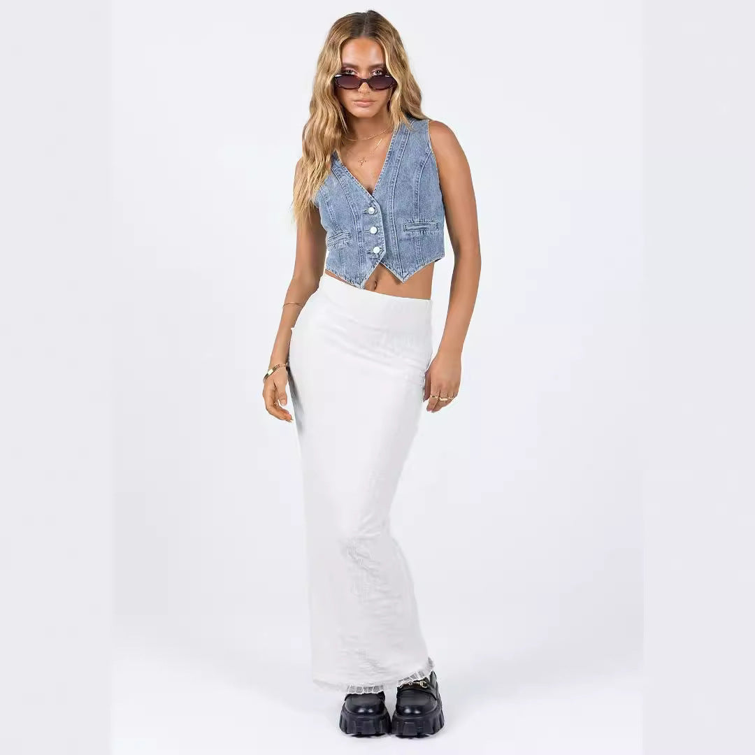 Femme Cropped Denim Knap-Up Vest Stilla