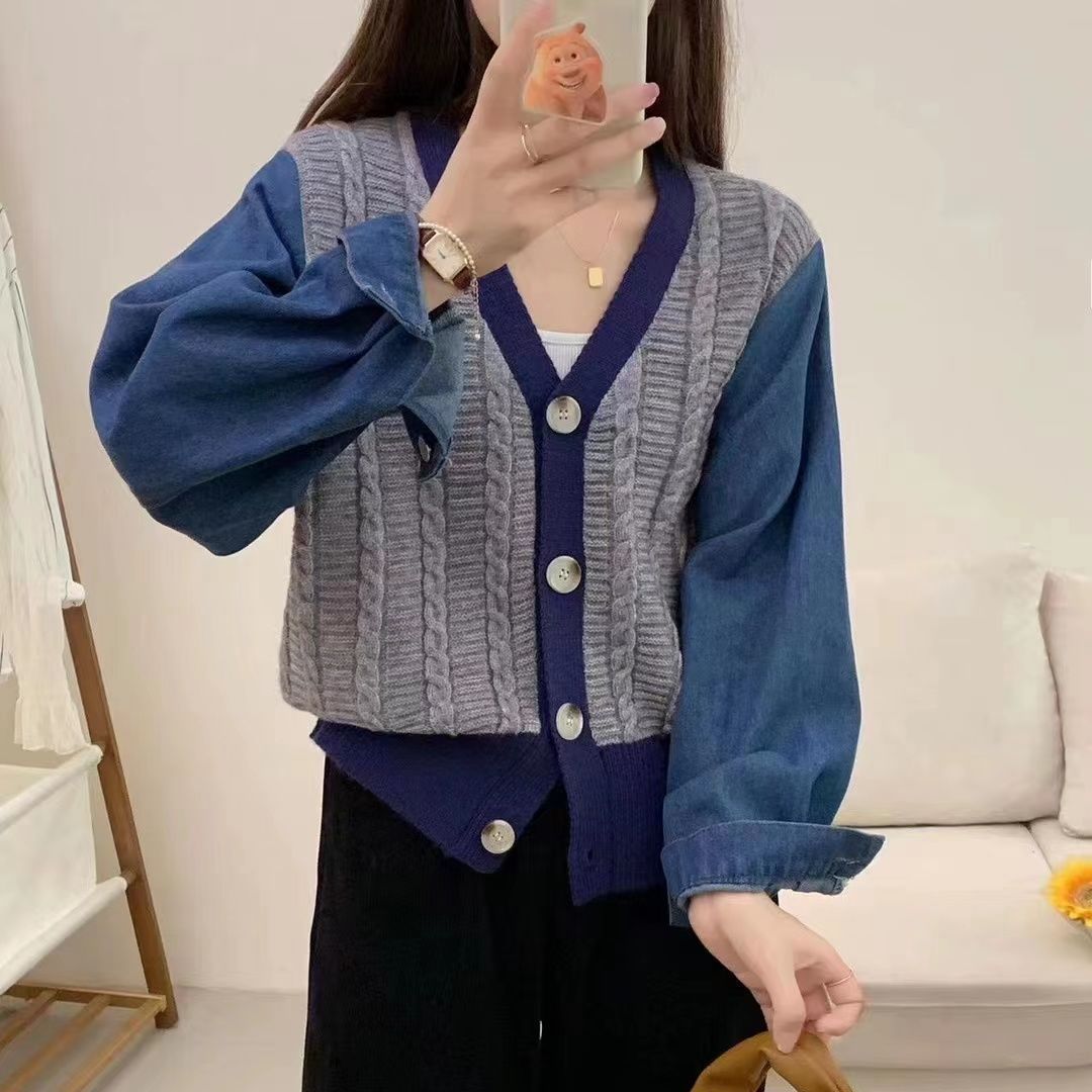 Kvinders stilfulde strikket cardigan med denimærmer Stilla