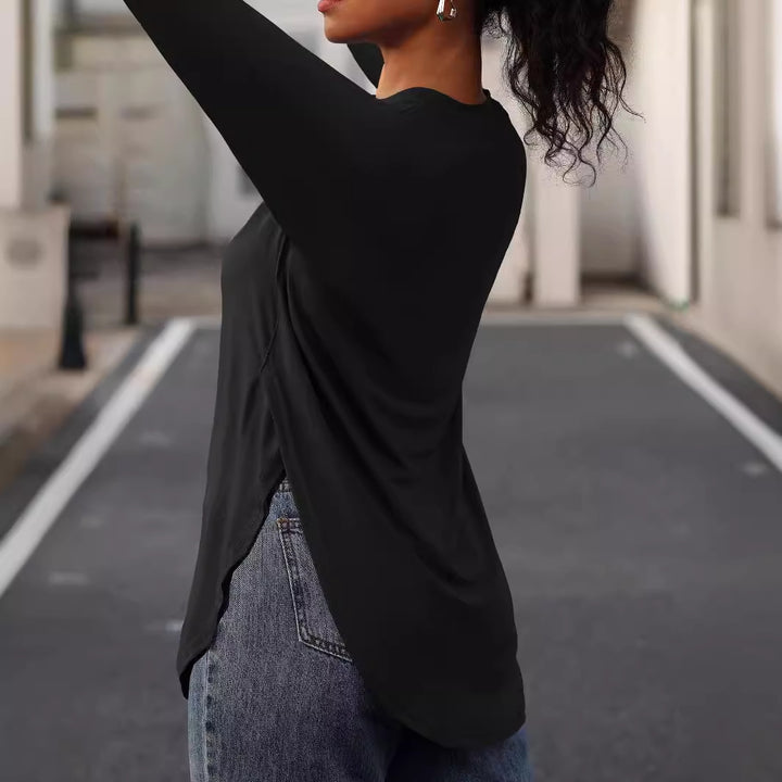 Dame Fashion Langærmet T-shirt med asymmetrisk søm og rund halsudskæring Stilla