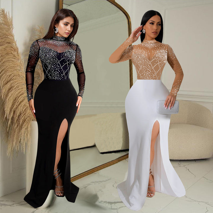 Dame Elegant aftenkjole med dekorative rhinestones-applikationer og nobelt slids Stilla