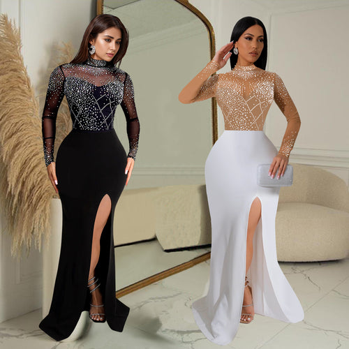 Dame Elegant aftenkjole med dekorative rhinestones-applikationer og nobelt slids Stilla