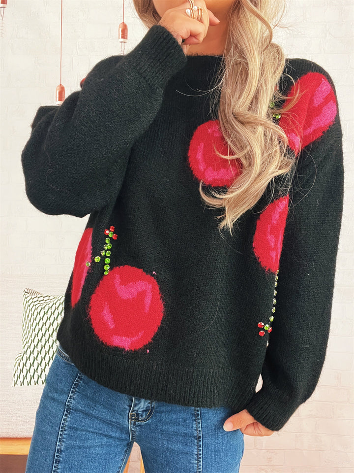 Kvinders hyggelige strikket sweater med blomsterapplikationer og glitrende accenter Stilla
