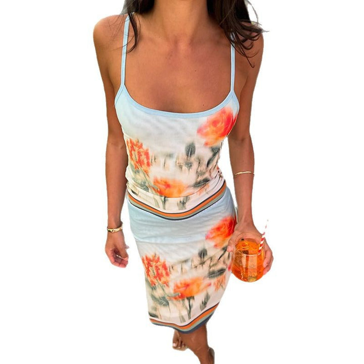Dame spaghetti strop top med blomstret print og fin kant Skovae