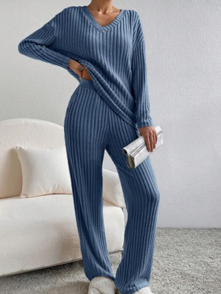 Dame Strik-Loungewear Sæt med Ribstruktur og V-udskæring Stilla