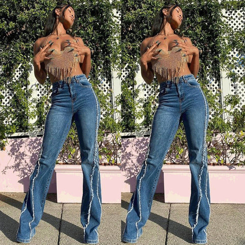 Dame Flared Jeans med frynsede kanter og sidelister Stilla