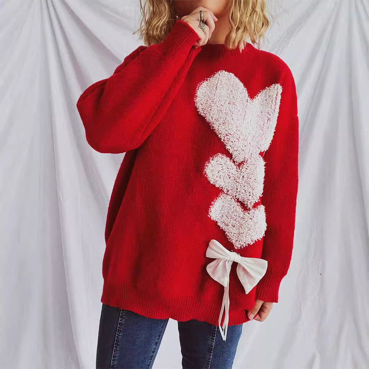 Kvinders strikket sweater med charmerende hjerte design og dekorativ sløjfe Stilla