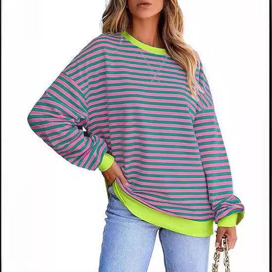 Dame stribet sweatshirt med farvematchende kant og afslappet snit Stilla