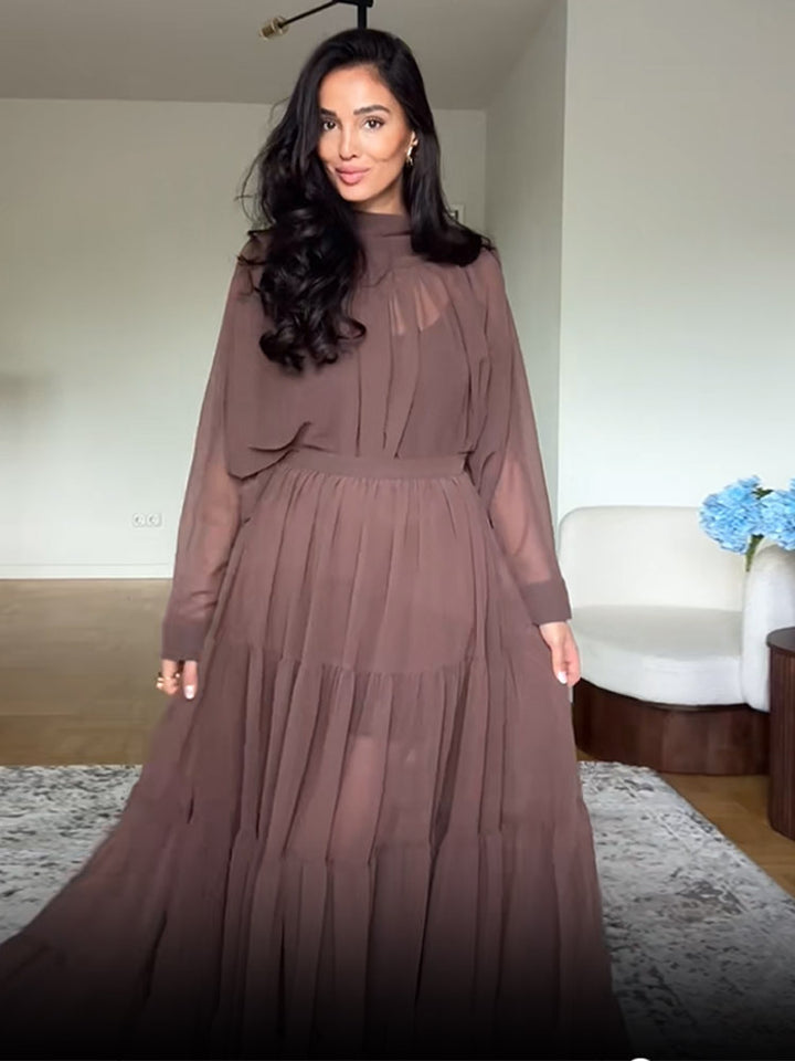 Dame maxikjole med transparente ruffles detaljer og elegant halterneck Stilla