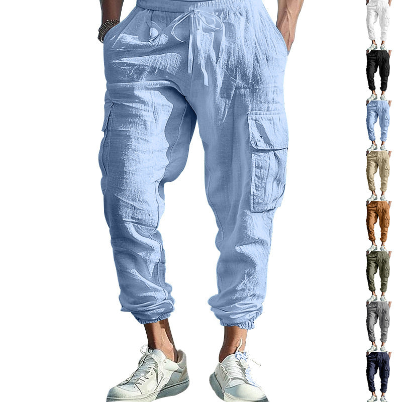 Herren nan afslappede linned cargo joggers med snoretræk, store klaplommer og elastisk ankelafslutning Skovae