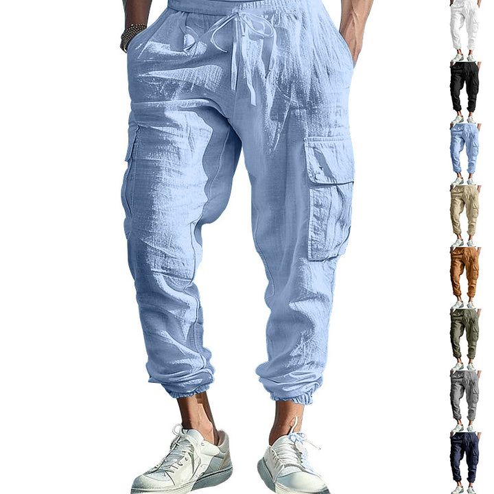 Herren nan afslappede linned cargo joggers med snoretræk, store klaplommer og elastisk ankelafslutning Skovae