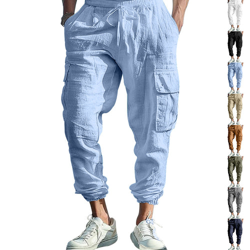 Herren nan afslappede linned cargo joggers med snoretræk, store klaplommer og elastisk ankelafslutning Skovae