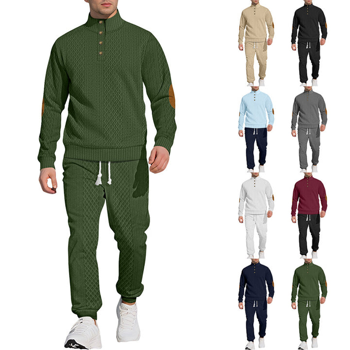 Herre nan struktureret strik-fritidsoutfit med halvknap-høj krave, daim-ellbogenlapper og snøre-bund joggers Skovae