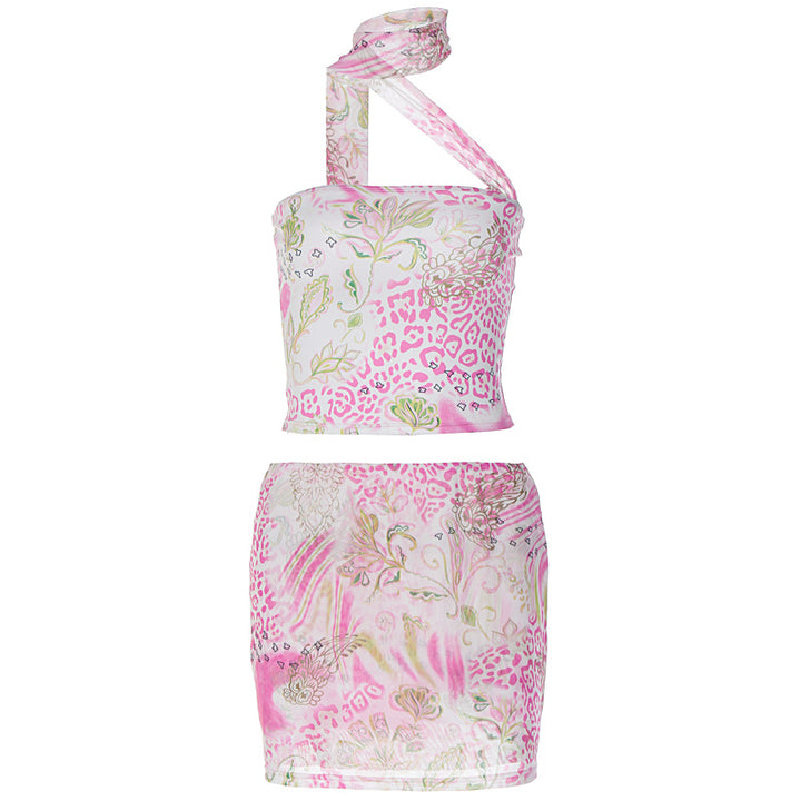Dame Crop-top og nederdel sæt med asymmetrisk design og blomstertryk Skovae