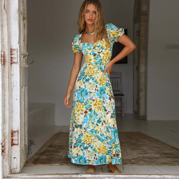 Dame Floral Print Maxi Kjole med Puffærmer og tætsiddende snit Stilla