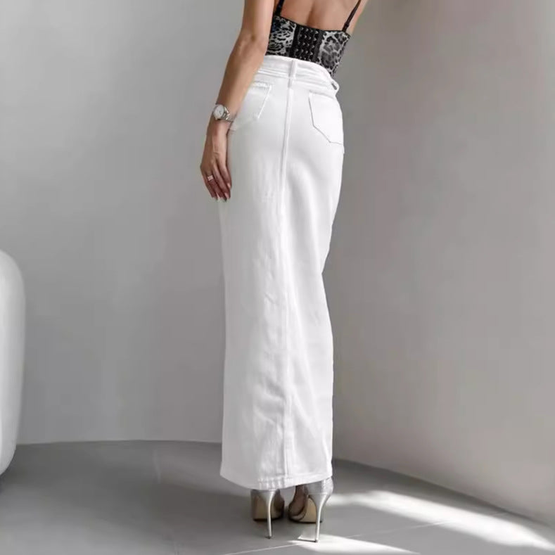 Dame lang denimnederdel med knapdetaljer og elegant deling Stilla
