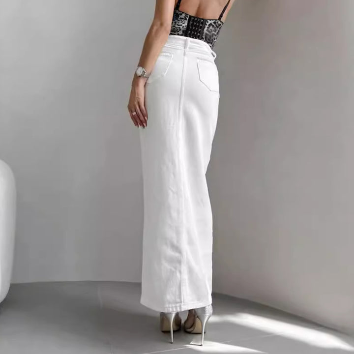 Dame lang denimnederdel med knapdetaljer og elegant deling Stilla