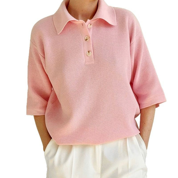 Dame polo shirt med luftig striktekstur og knapbar krave Stilla
