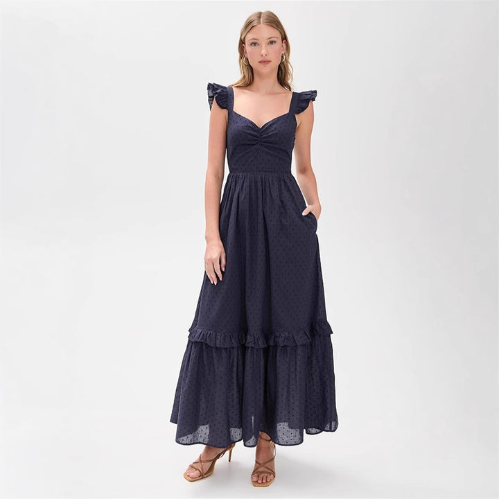 Dame Maxikjole med ruffles detaljer og dyb udskæring Stilla