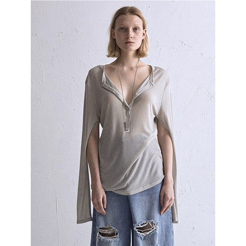 Dame casual langærmet skjorte med dyb V-udskæring og elegant snit Stilla
