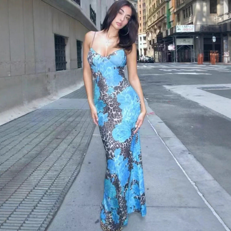 Dame Floral Print Maxi Kjole med Stropper bag Stilla