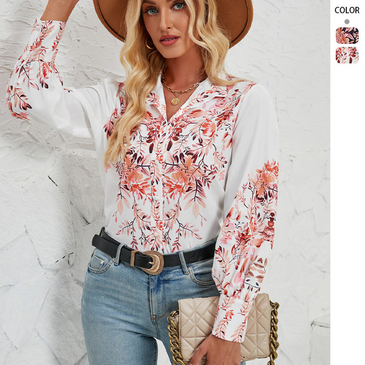 Dame elegant bluse med blomster mønster og volumineøse ærmer
