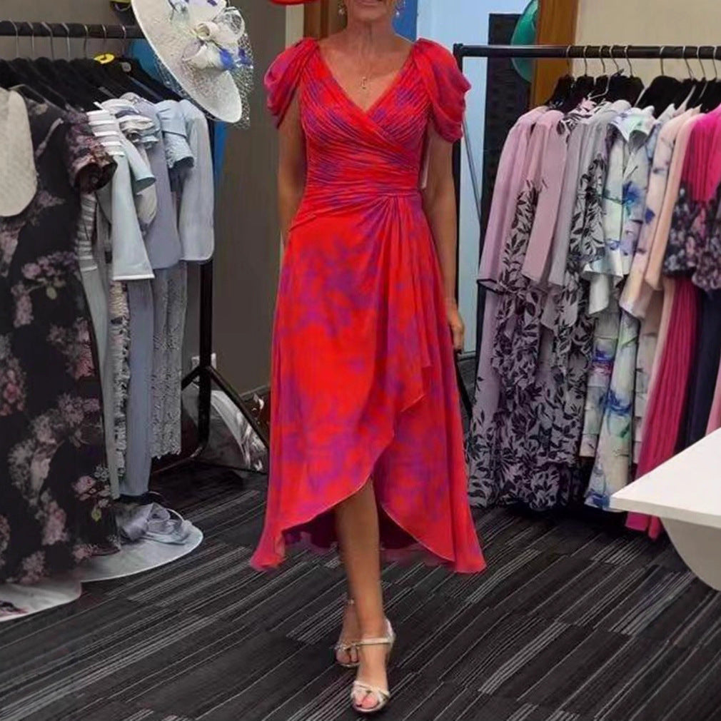 Dame nan festligt chiffon midikjole med krydset V-udskæring, taljeophækning og asymmetrisk tulipan skirt Skovae