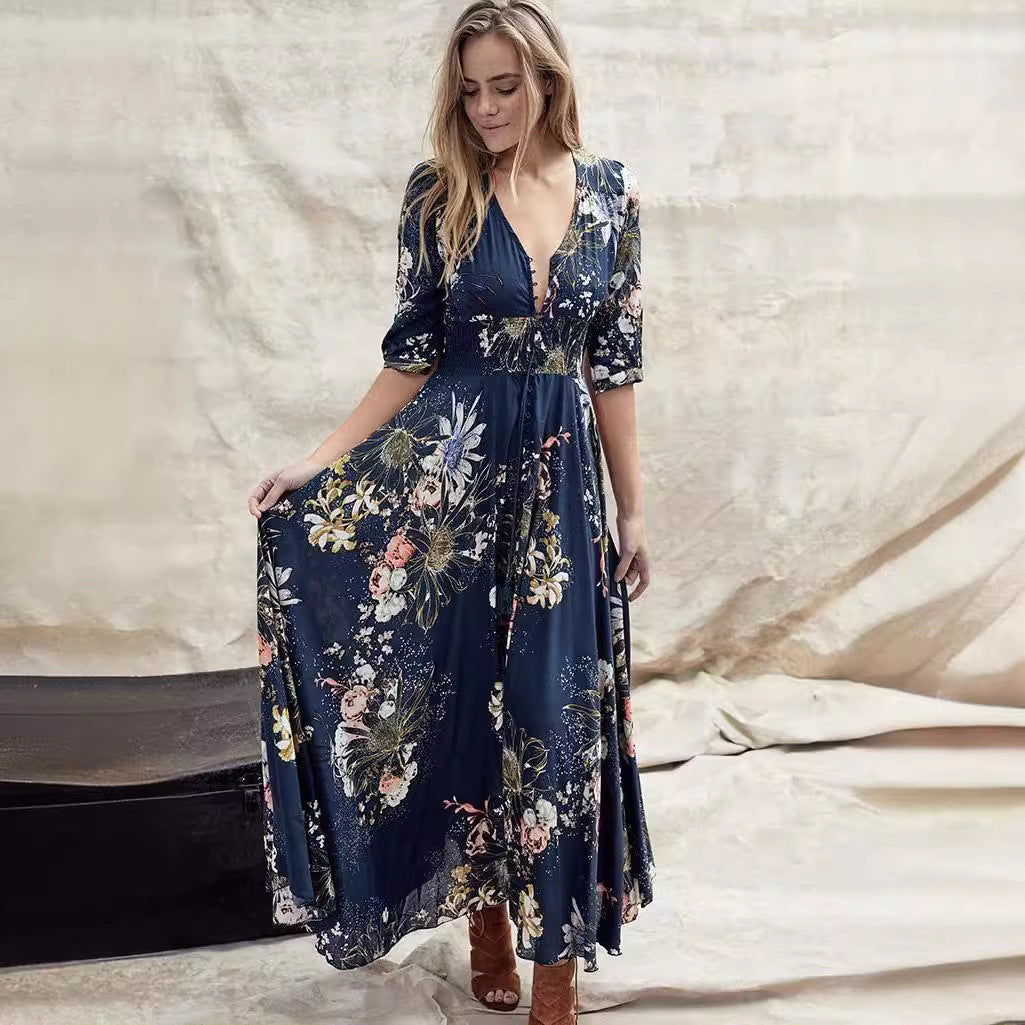 Dame Elegant Maxi-Kjole med blomsterdesign og blødt flydende stof Stilla