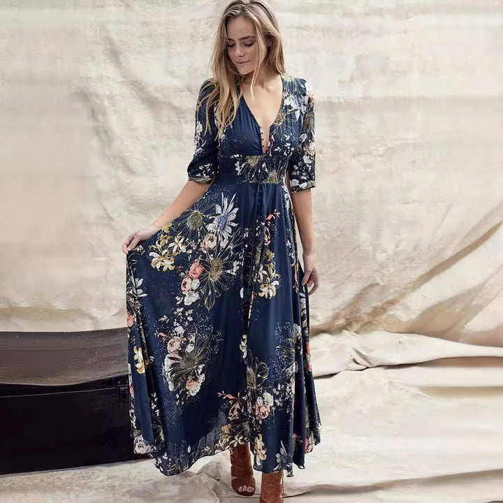 Dame Elegant Maxi-Kjole med blomsterdesign og blødt flydende stof Stilla