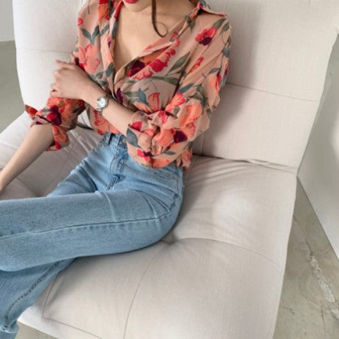 Dame Chiffon Floral Print Button-Up Bluse Stilla