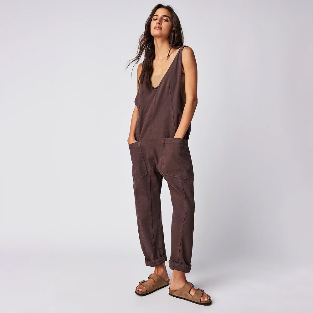 Dame Casual Jumpsuit med dyb V-hals og praktiske lommer Stilla