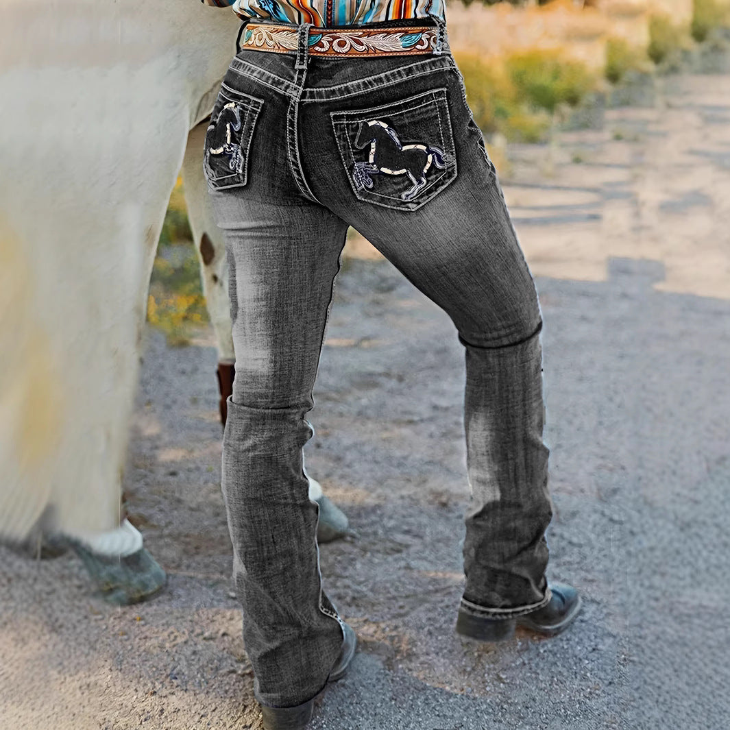 Dame jeans i western-stil med detaljeret hest-applikation Stilla