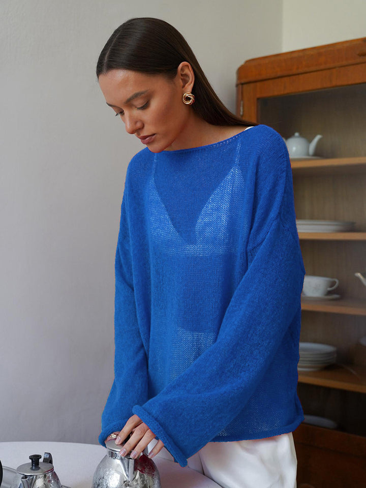 Damer casual sweater med brede ærmer og fint huller strik design Stilla